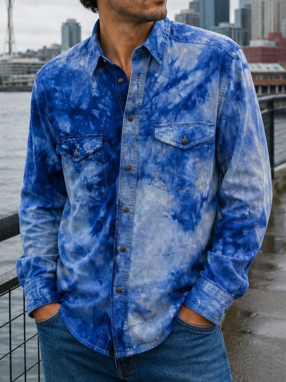 Anchor Blue Vintage Denim Shacket Shirt Tie Dye Dyed Blue Size Small Retro EUC